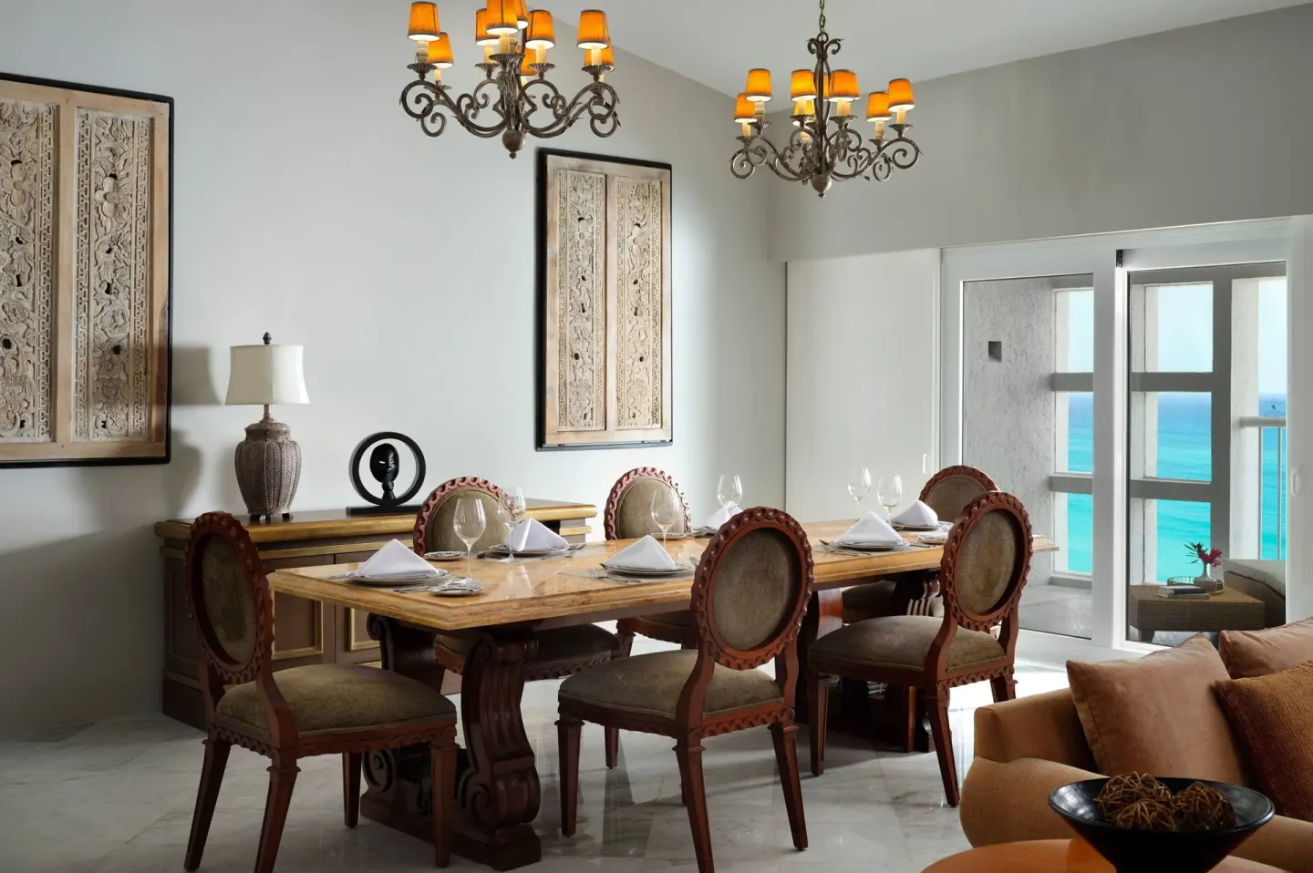 Formal suite dining room with ocean-view balcony at The Westin Resort & Spa, Cancun.