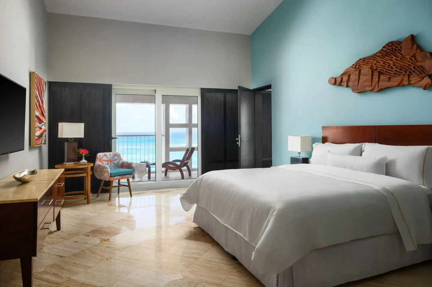 King guest room with ocean-facing balcony at The Westin Resort & Spa, Cancun.