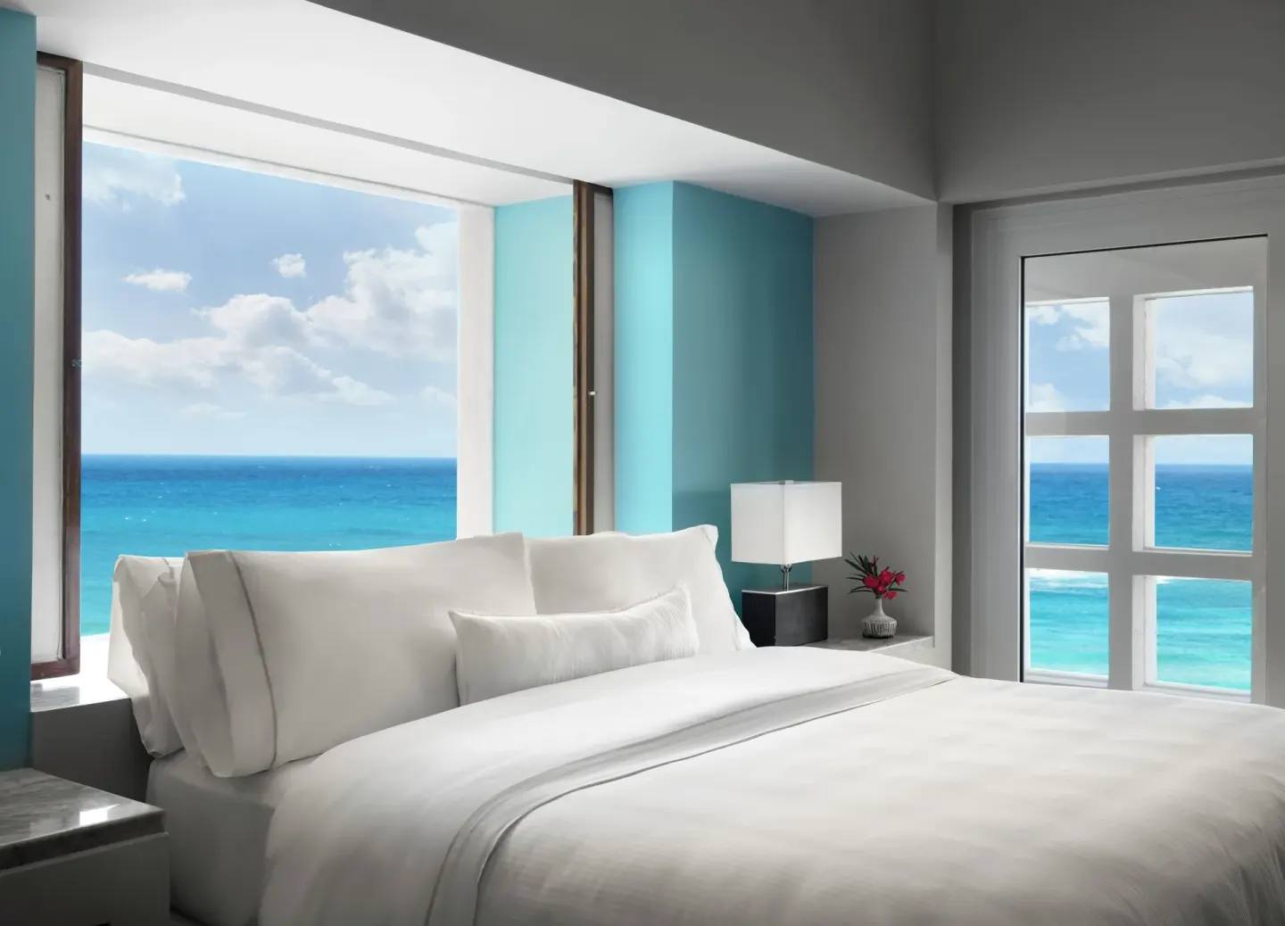 Presidential Suite king bed and ocean-view window wall at The Westin Resort & Spa, Cancun.