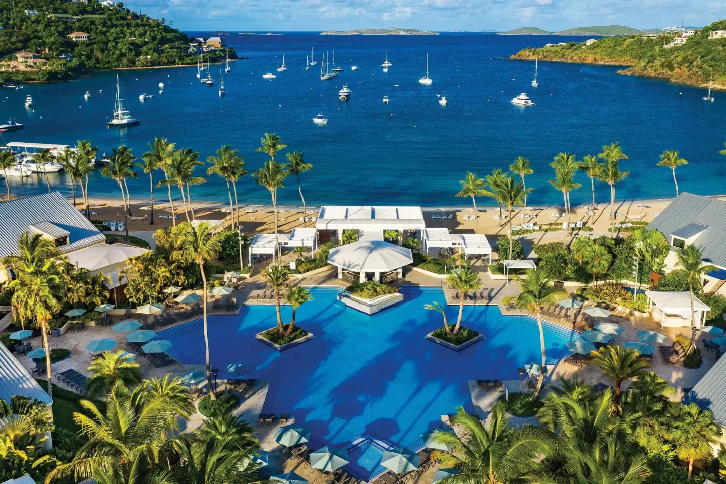 Aerial pool and beachfront view at The Westin St. John Resort Villas.
