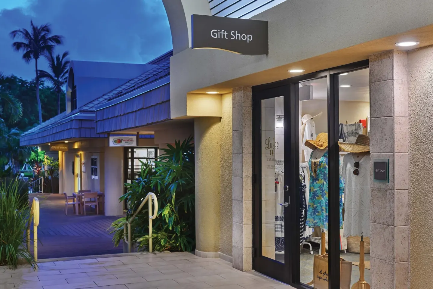 Gift shop entrance at dusk at The Westin St. John Resort Villas.