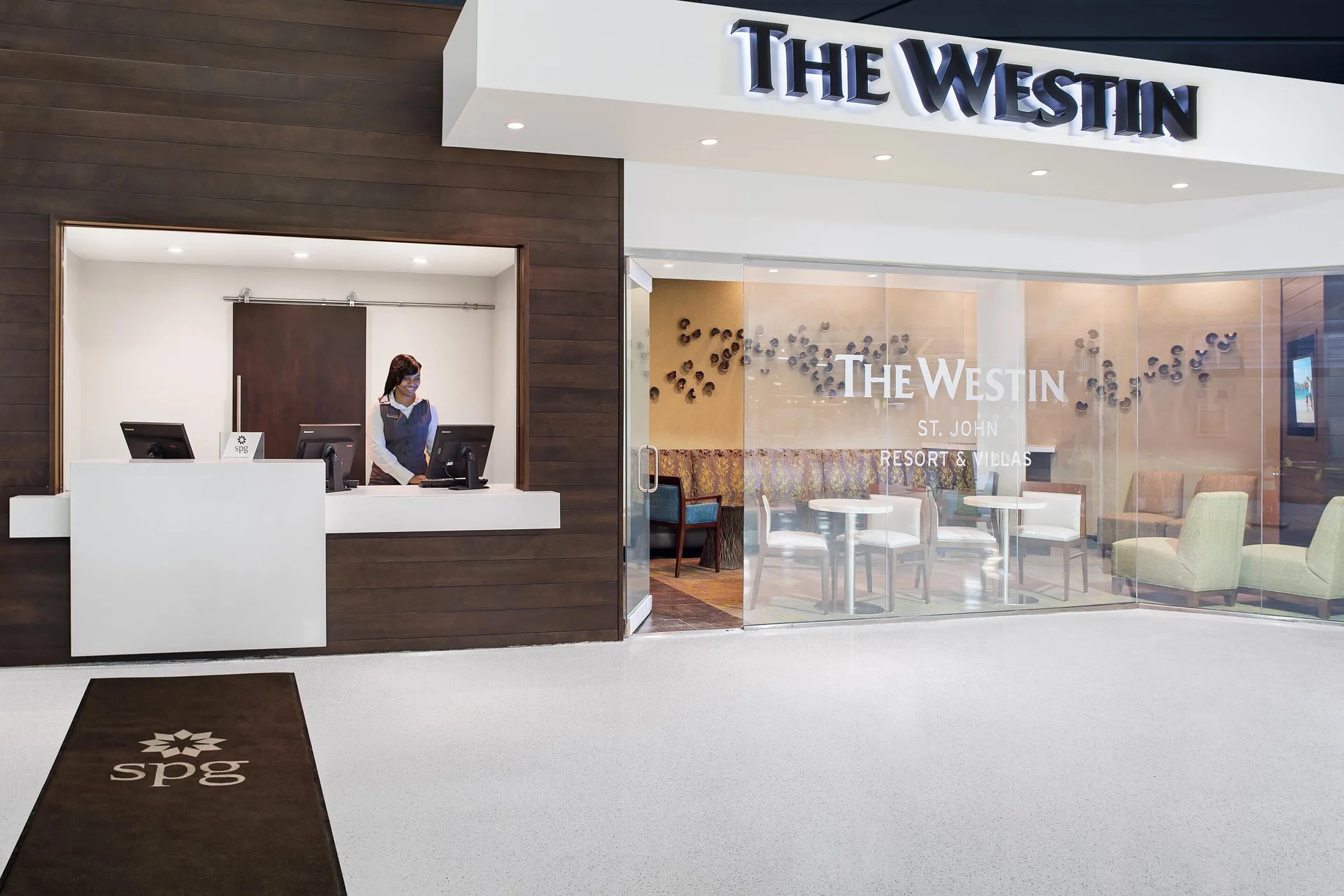 Branded reception entrance and seating area at The Westin St. John Resort Villas.