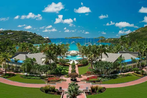 Aerial resort grounds and bay view at The Westin St. John Resort Villas.