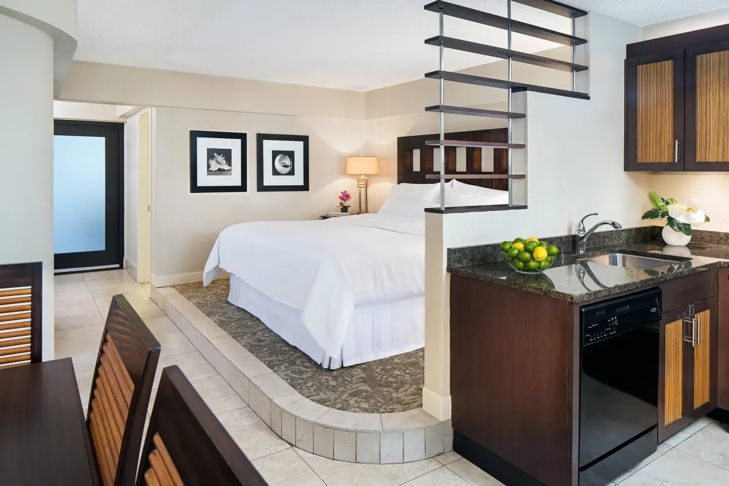 Villa bedroom with king bed and kitchenette at The Westin St. John Resort Villas.