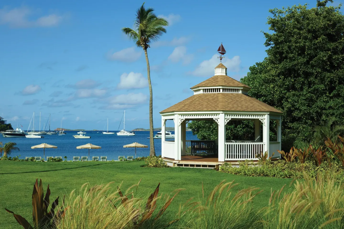 White waterfront gazebo and lawn at The Westin St. John Resort Villas.