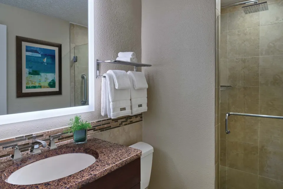 One-bedroom resort view villa bathroom with vanity and shower at The Westin St. John Resort Villas.