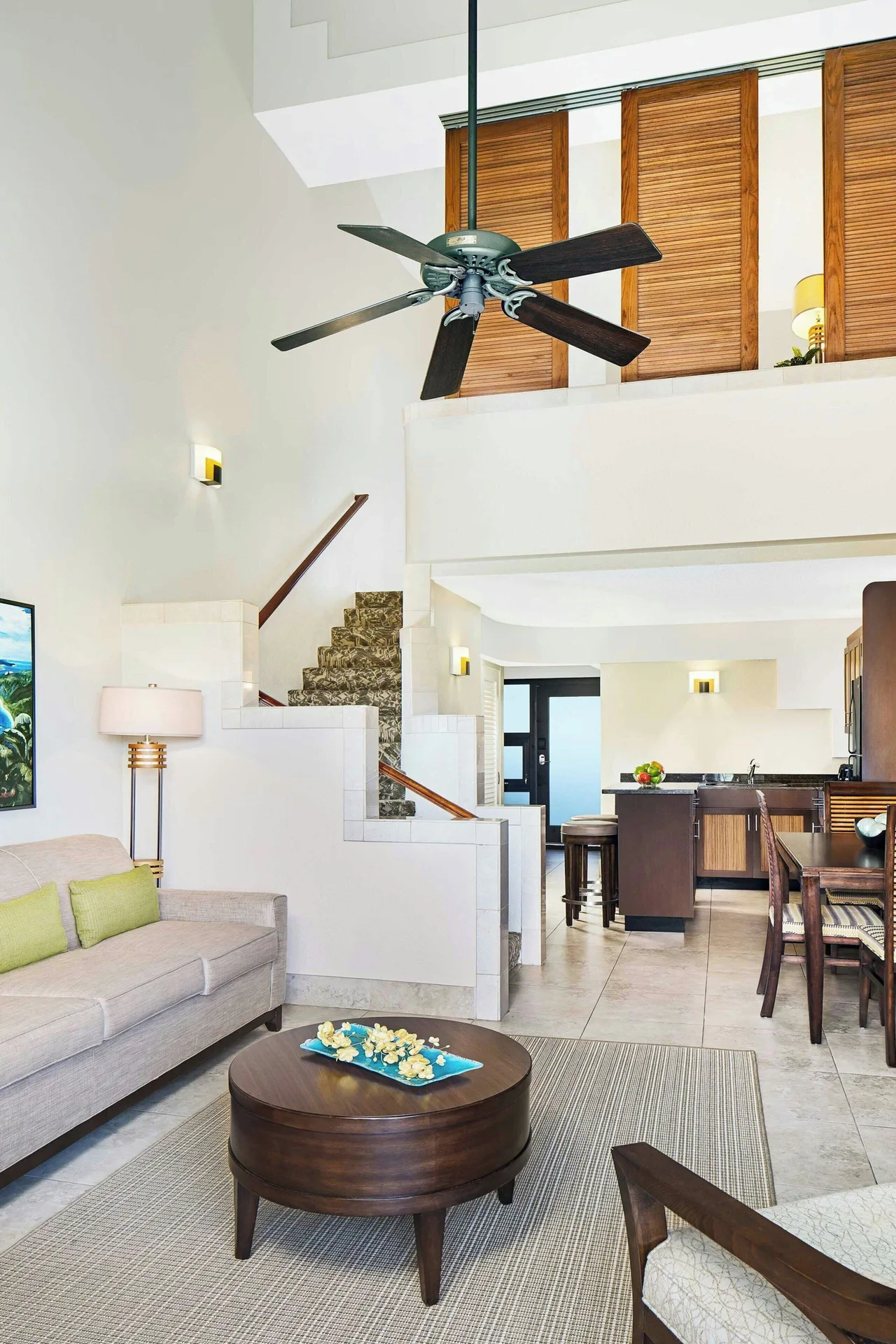 One-bedroom resort view villa living area and loft stairs at The Westin St. John Resort Villas.