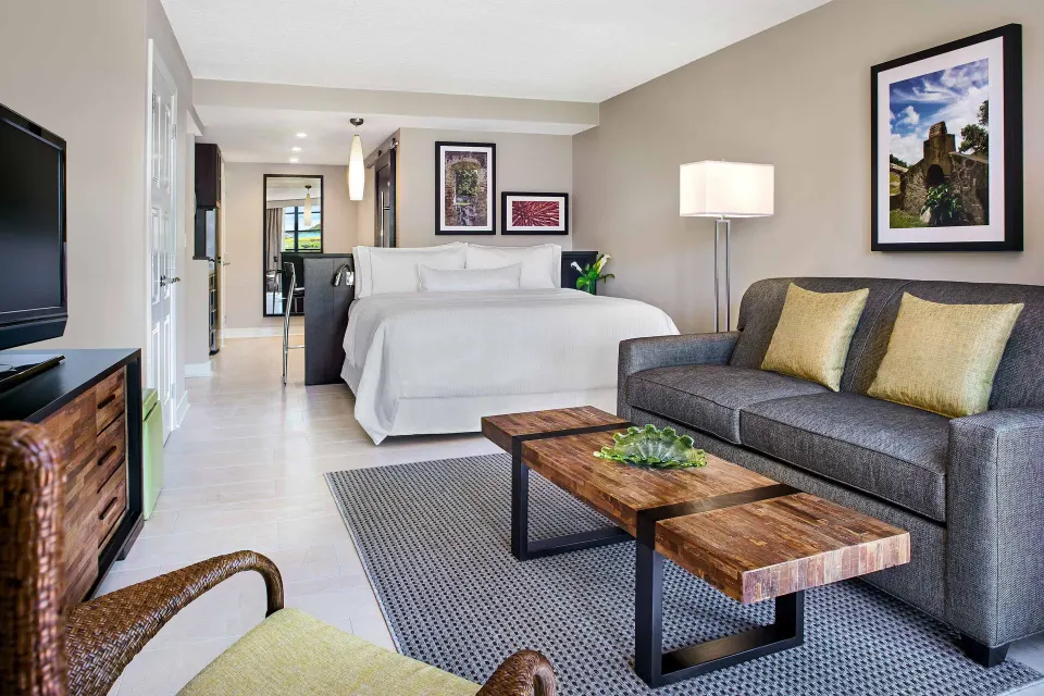 Studio with king bed, sofa bed, and living area at The Westin St. John Resort Villas.