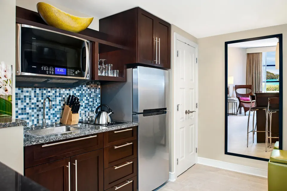 Studio kitchenette with refrigerator and microwave at The Westin St. John Resort Villas.