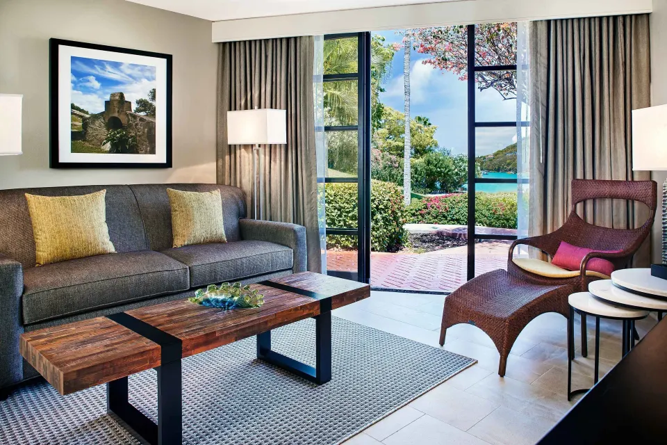 Studio living area with sofa bed and resort view at The Westin St. John Resort Villas.