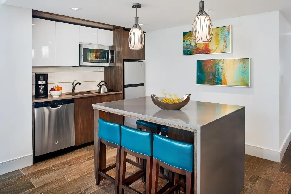 Villa kitchen island with blue stools at The Westin St. John Resort Villas.