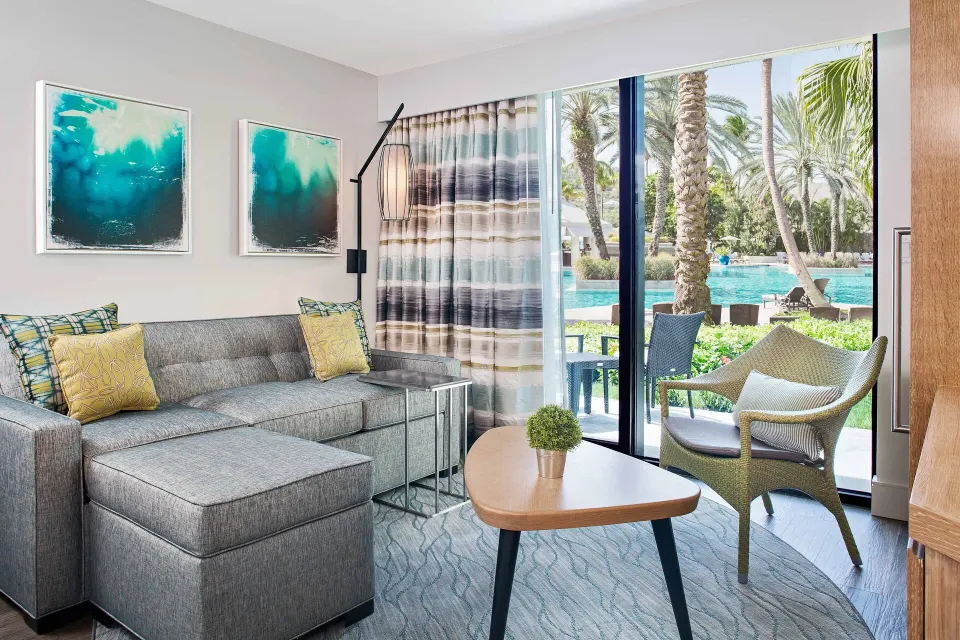 Villa sitting area with patio and pool view at The Westin St. John Resort Villas.