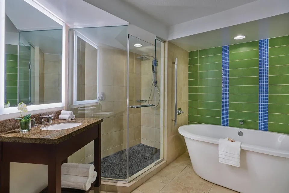 Villa bathroom with soaking tub and glass shower at The Westin St. John Resort Villas.