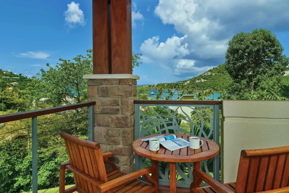 Resort view villa balcony with table and chairs at The Westin St. John Resort Villas.
