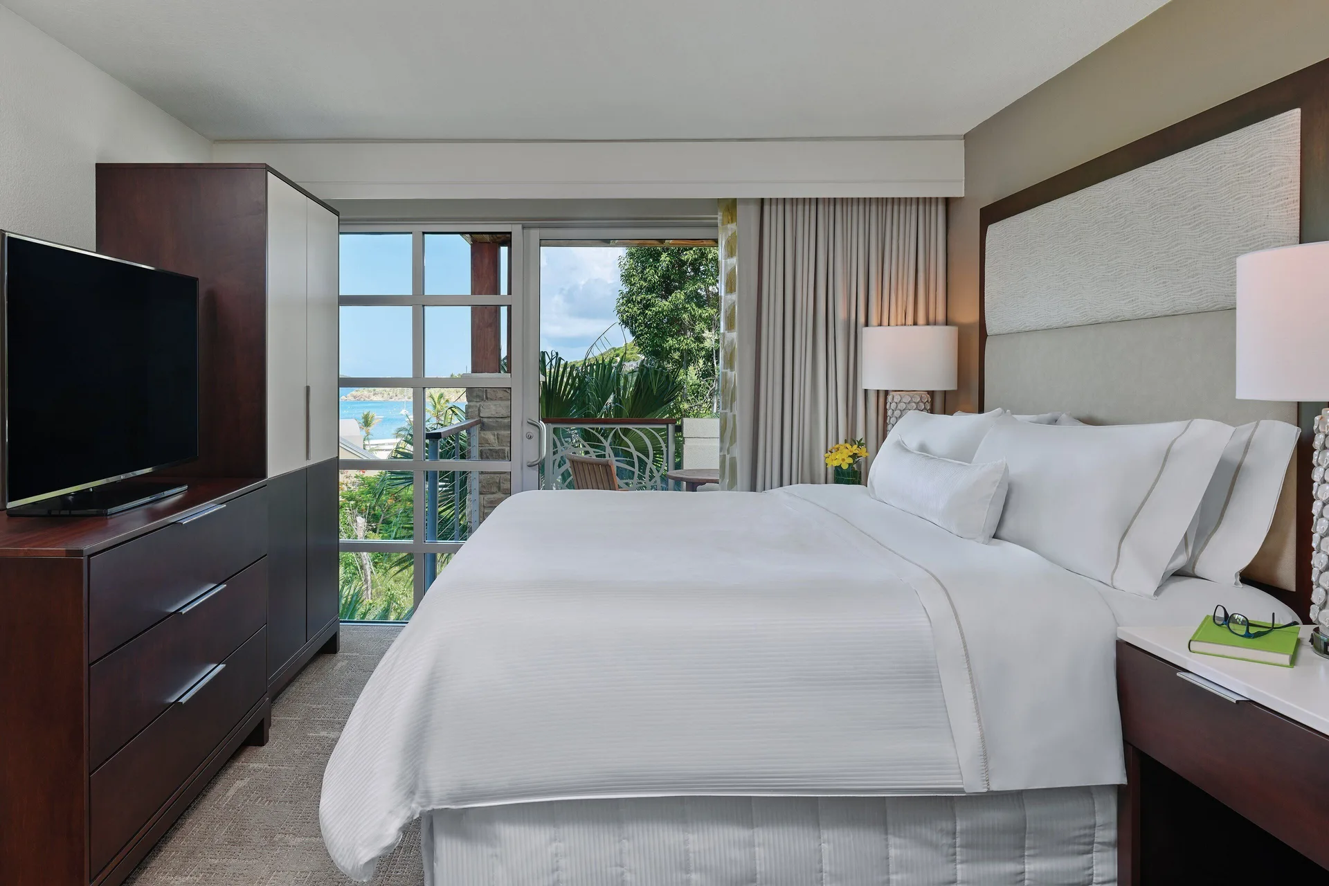 Three-bedroom resort view villa bedroom with balcony at The Westin St. John Resort Villas.