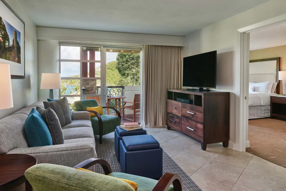 Three-bedroom resort view villa living room and balcony at The Westin St. John Resort Villas.