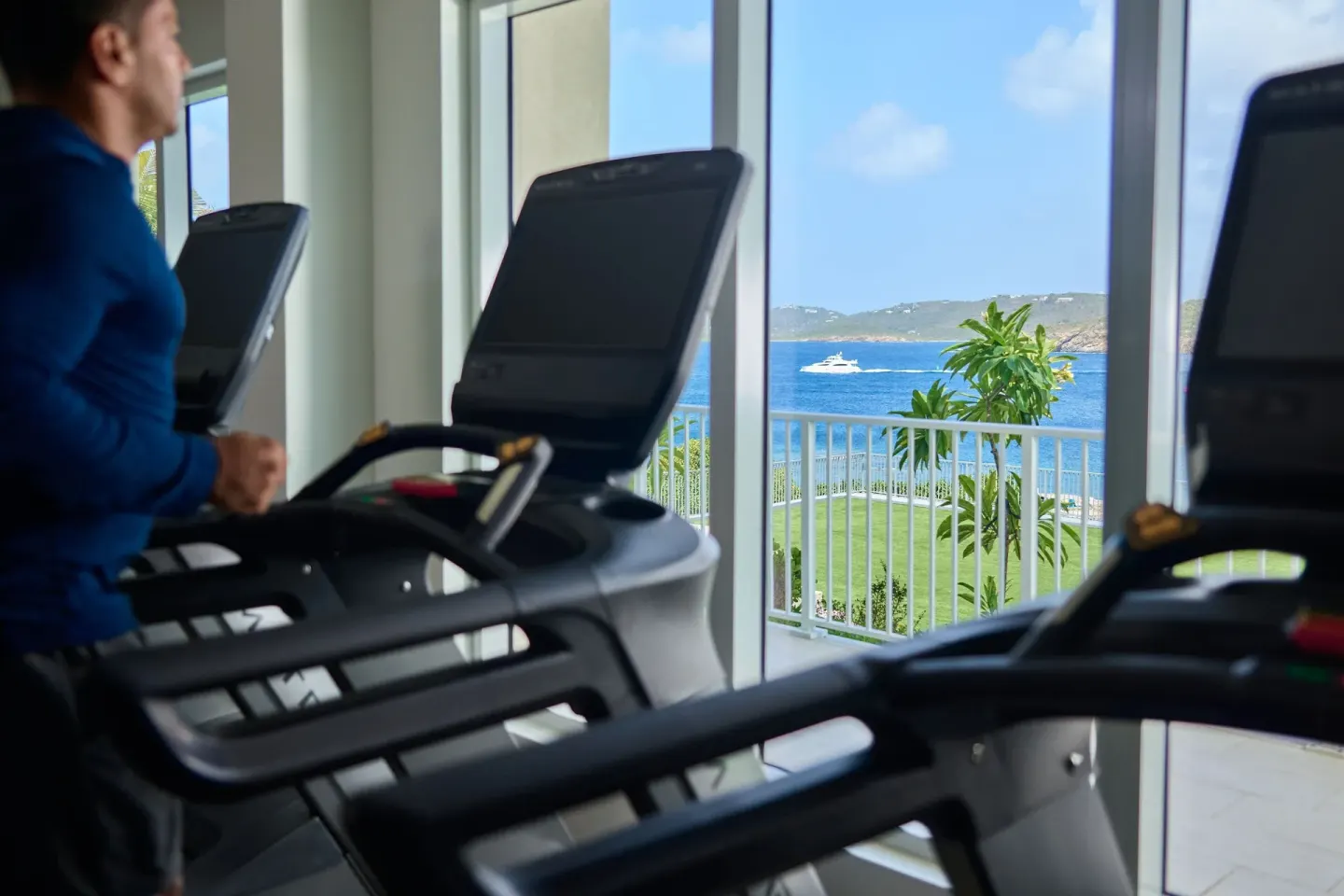 Treadmills overlooking the bay at The Westin St. Thomas Beach Resort & Spa.