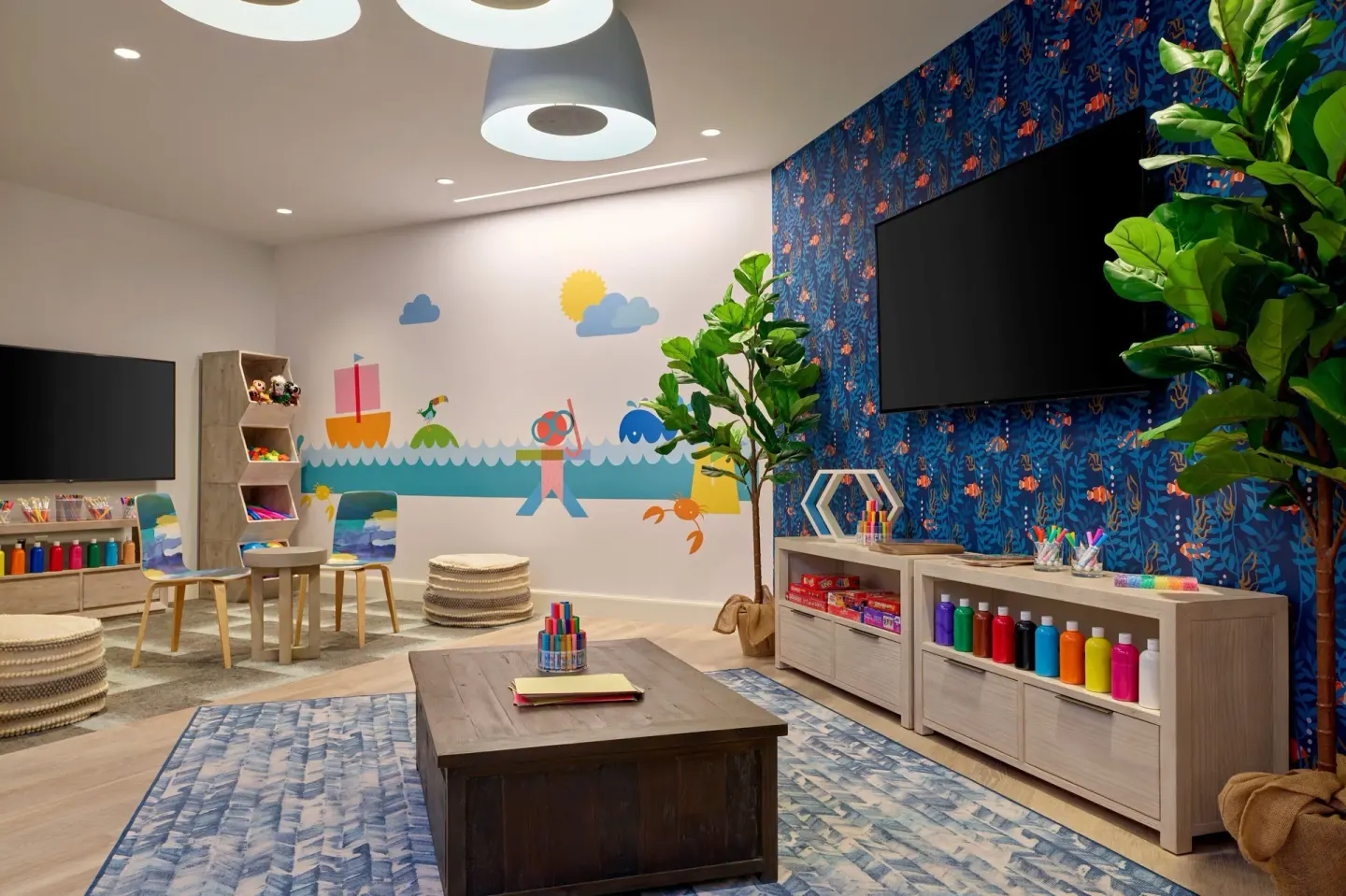 Kids club playroom with crafts and colorful wall art at The Westin St. Thomas Beach Resort & Spa.
