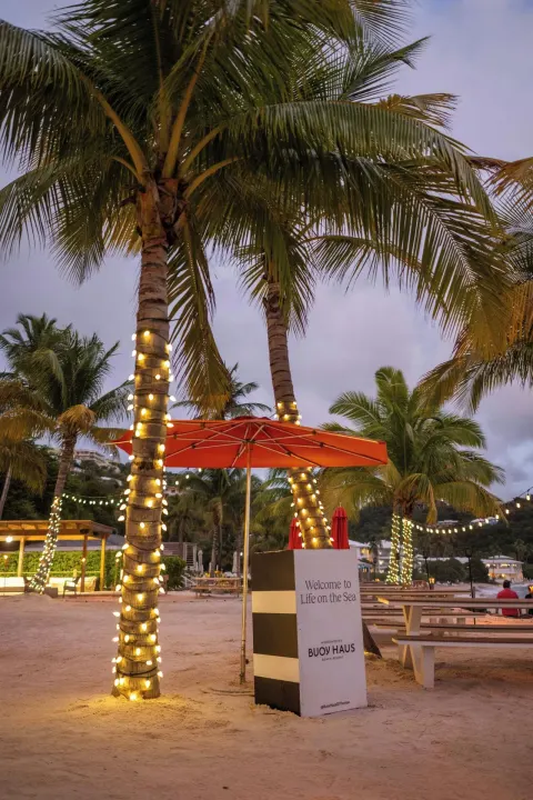 Palm trees, picnic tables, and a beach sign at The Westin St. Thomas Beach Resort & Spa.