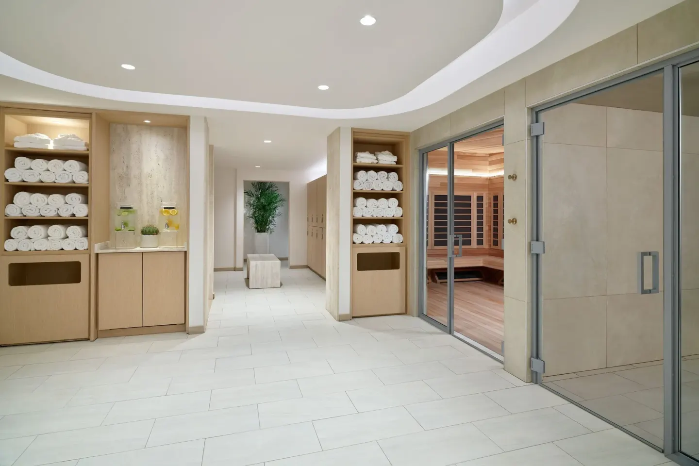 Spa relaxation area with towel shelves and sauna doors at The Westin St. Thomas Beach Resort & Spa.