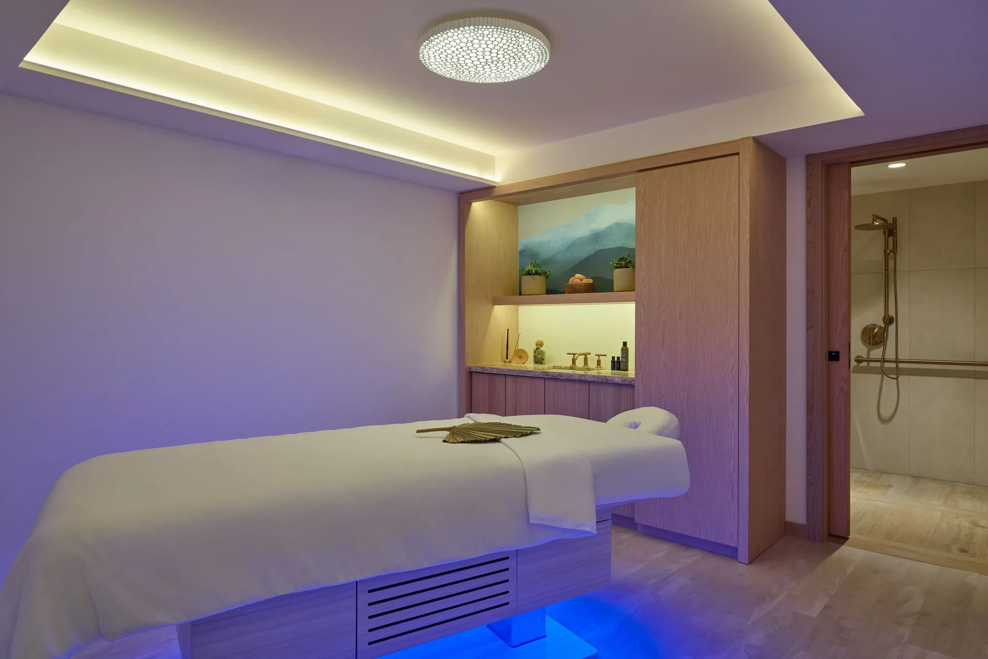 Spa treatment room with massage table at The Westin St. Thomas Beach Resort & Spa.