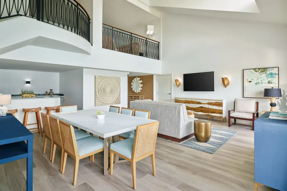 Open-plan suite living and dining room at The Westin St. Thomas Beach Resort & Spa.