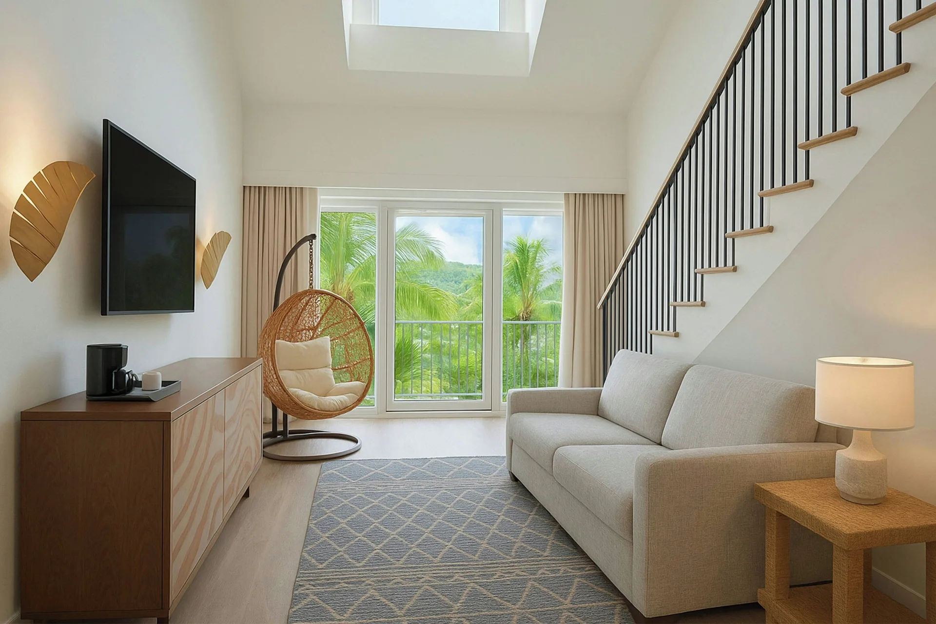 Garden view suite living area with sofa and hanging chair at The Westin St. Thomas Beach Resort & Spa.