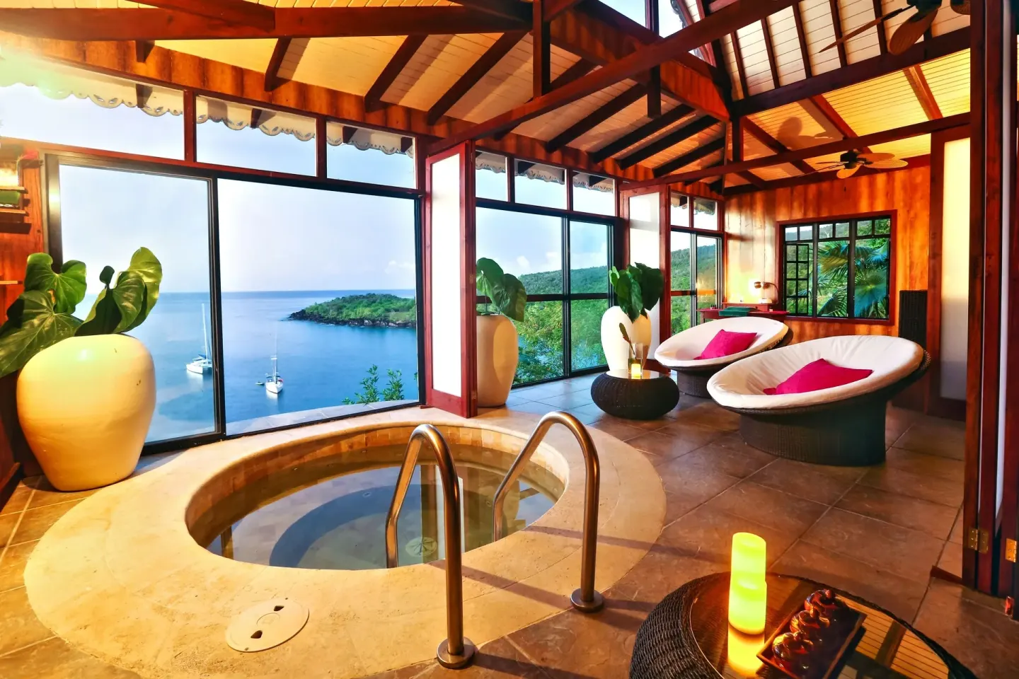 Private plunge pool with lounge chairs and sea view at Ti Kaye Resort & Spa.