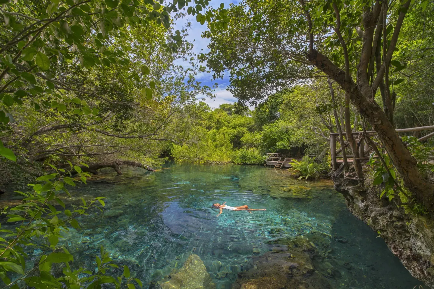 A swimmer floats in a clear natural lagoon surrounded by trees at Tortuga Bay Hotel.