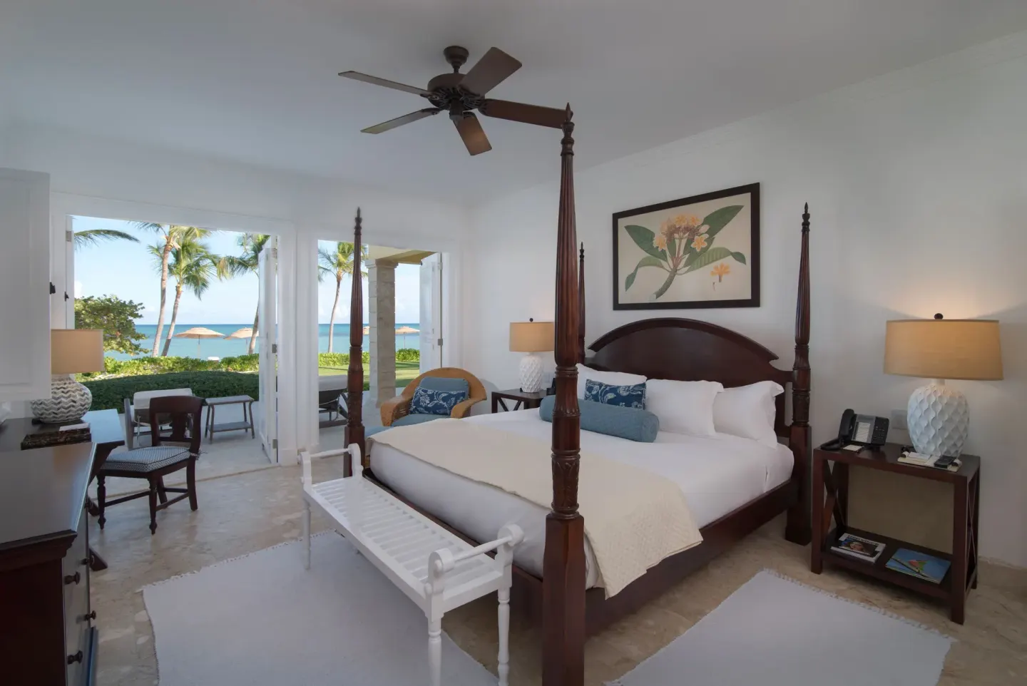 Beach Front Two Bedrooms Suite king bed with patio and ocean view at Tortuga Bay Hotel.