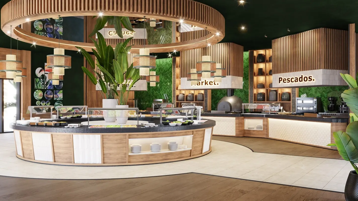 Buffet stations with food displays and labeled counters at Tropical Deluxe Princess.