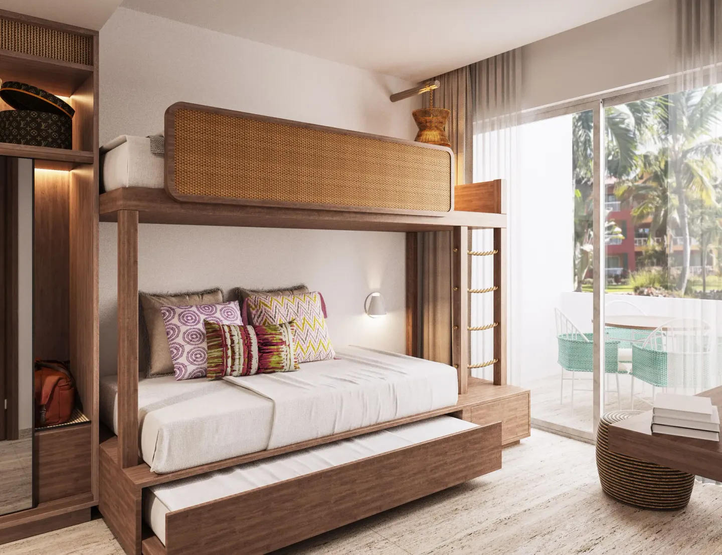 Family Room bunk beds and balcony at Tropical Deluxe Princess.