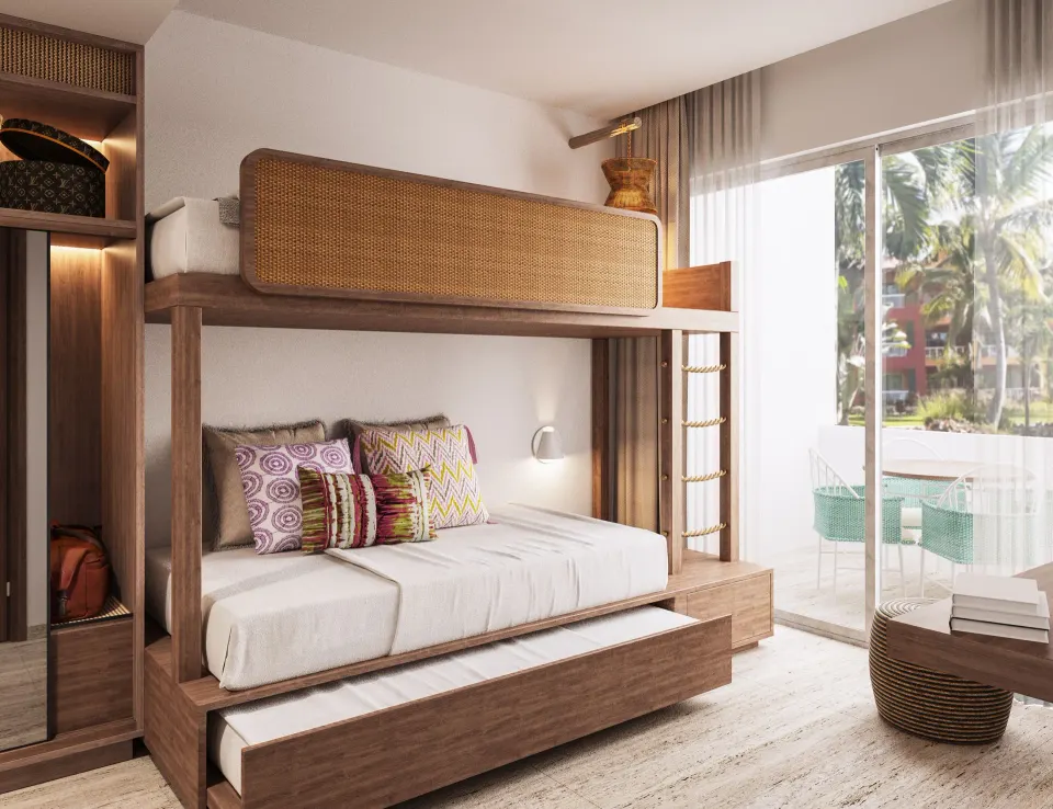 Family Room bunk beds and balcony at Tropical Deluxe Princess.