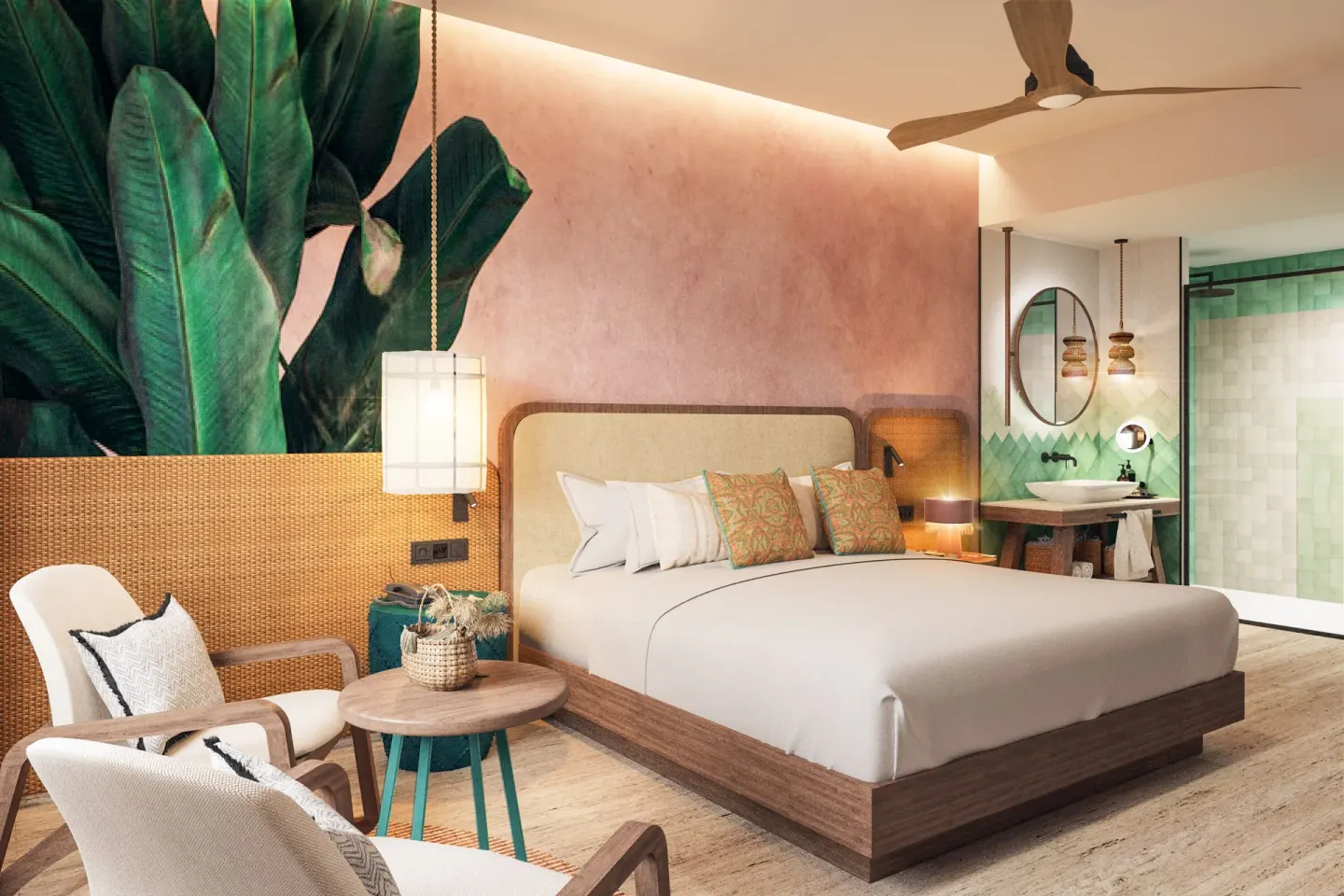 Superior Room king bed and open bathroom at Tropical Deluxe Princess.
