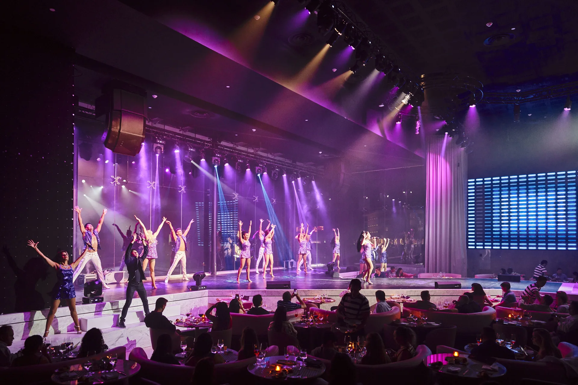 Cabaret dinner show with dancers, stage lighting, and seated guests at TRS Coral Hotel.