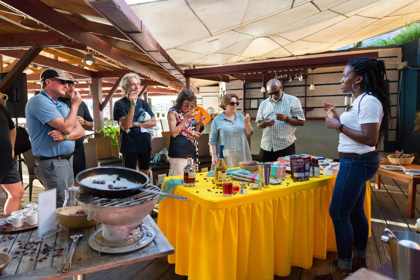 Guests sample chocolate during a guided tasting at True Blue Bay Resort.