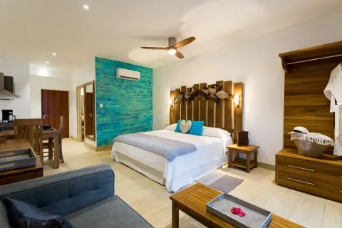 Cocoa Pod Room with king bed, sofa, and kitchenette at True Blue Bay Resort.