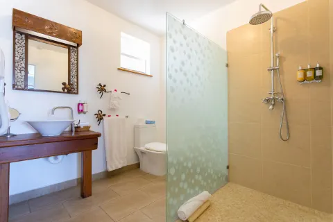 Waterfront Suite bathroom with glass shower at True Blue Bay Resort.