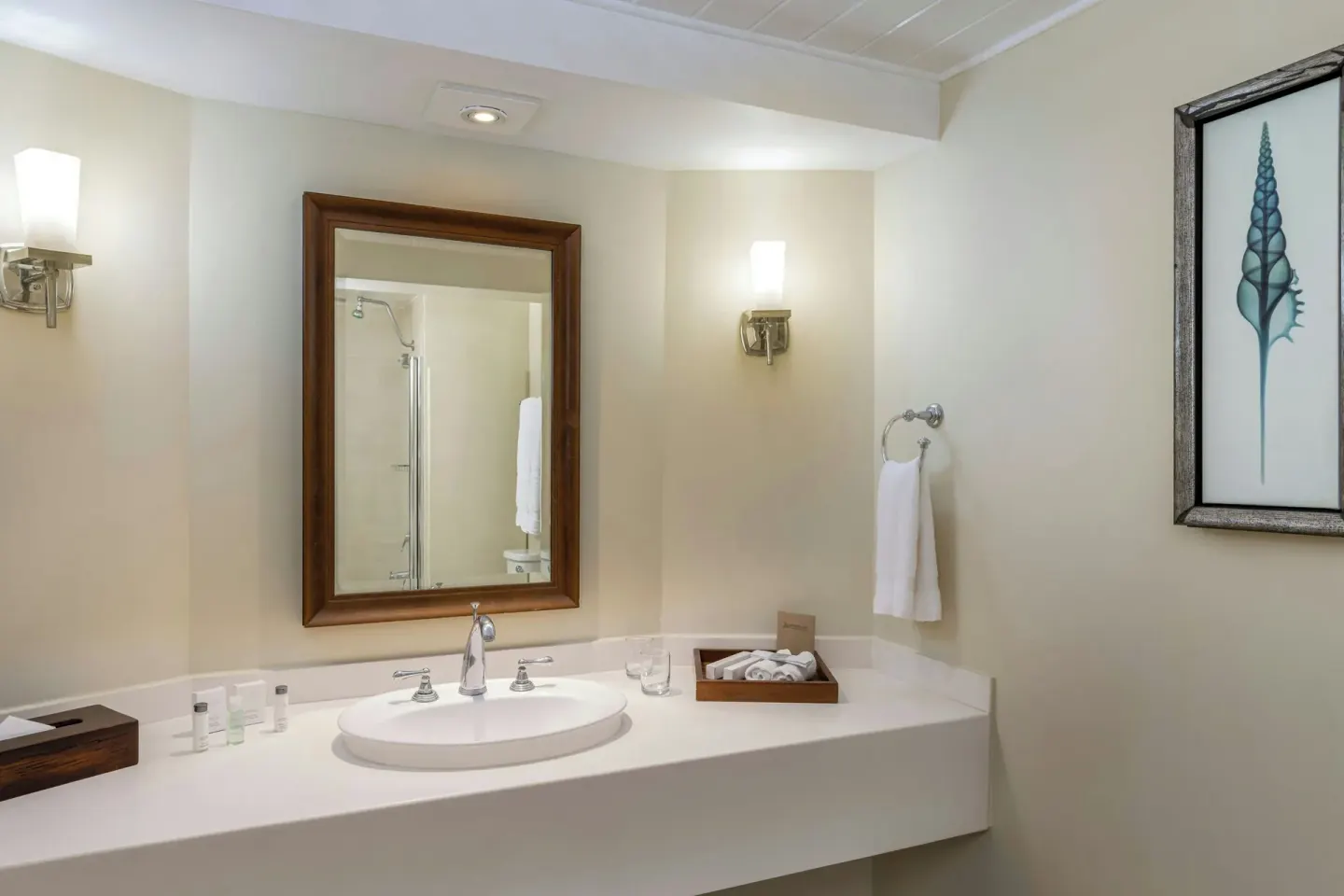 Bathroom vanity at Turtle Beach with sink, mirror, towels and bath amenities.