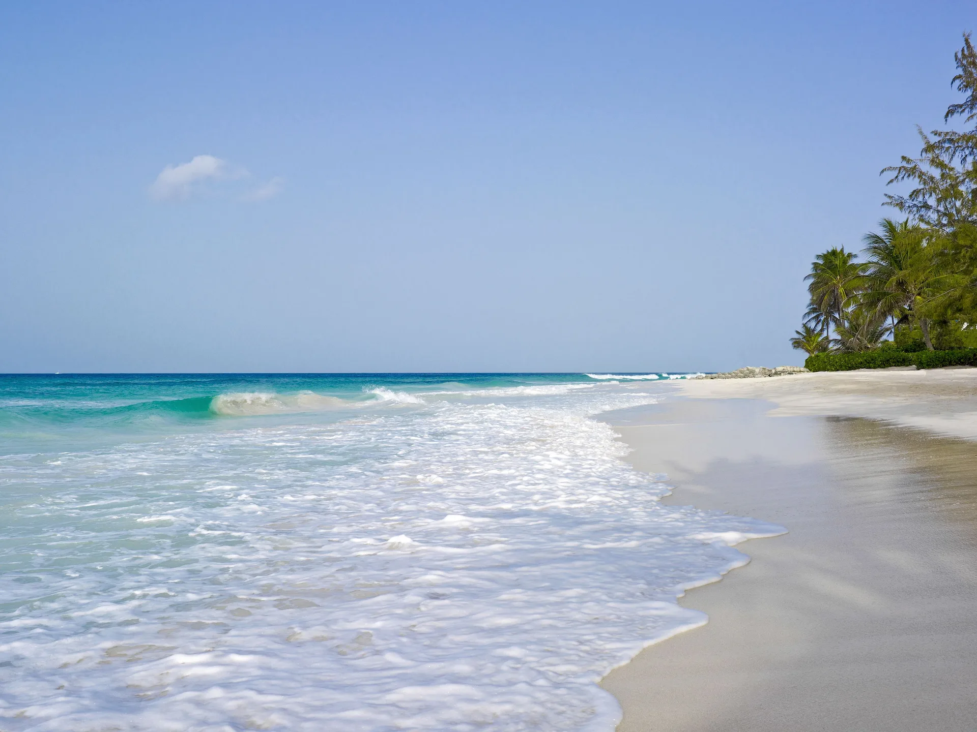 Foamy waves roll onto the sandy beach at Turtle Beach under a clear blue sky.