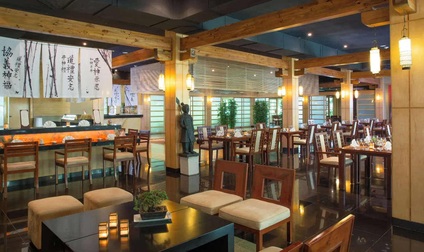 Japanese restaurant with sushi bar and wood beams at Valentin Imperial Riviera Maya.