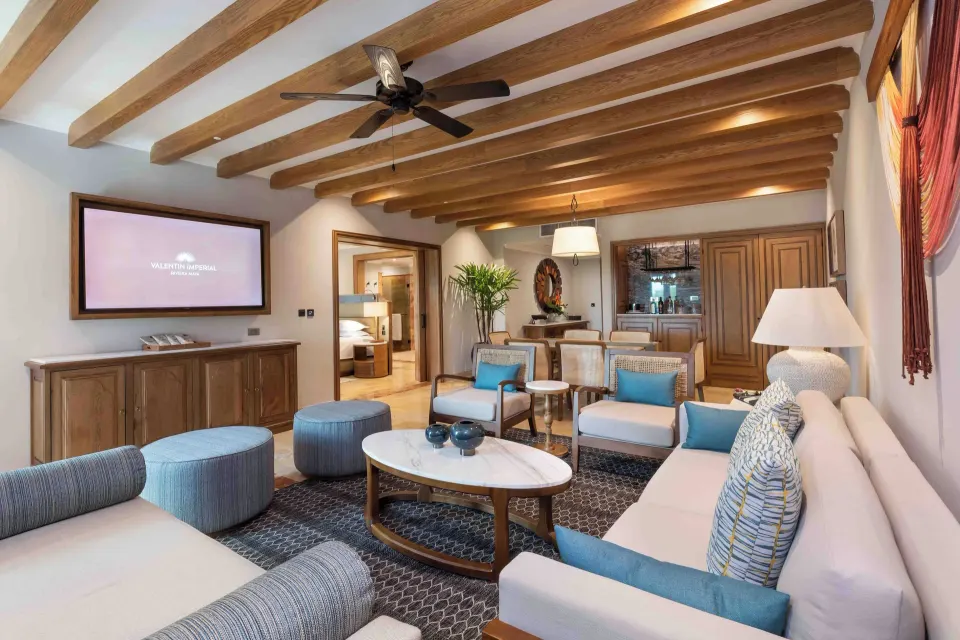 Diamond Suite living room with sofa seating at Valentin Imperial Riviera Maya.