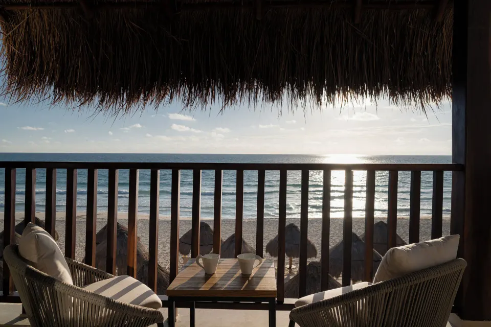 Oceanfront balcony of Dunas Private Pool Ocean View Suite at Valentin Imperial Riviera Maya.