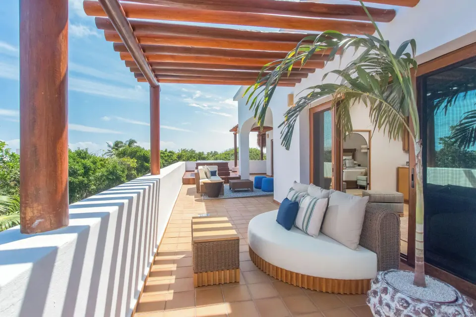 Suite Imperial Privé terrace daybed and pergola at Valentin Imperial Riviera Maya.