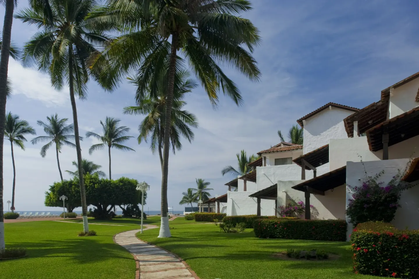 Garden path with palms and white buildings at Vamar Vallarta Marina and Beach Resort.