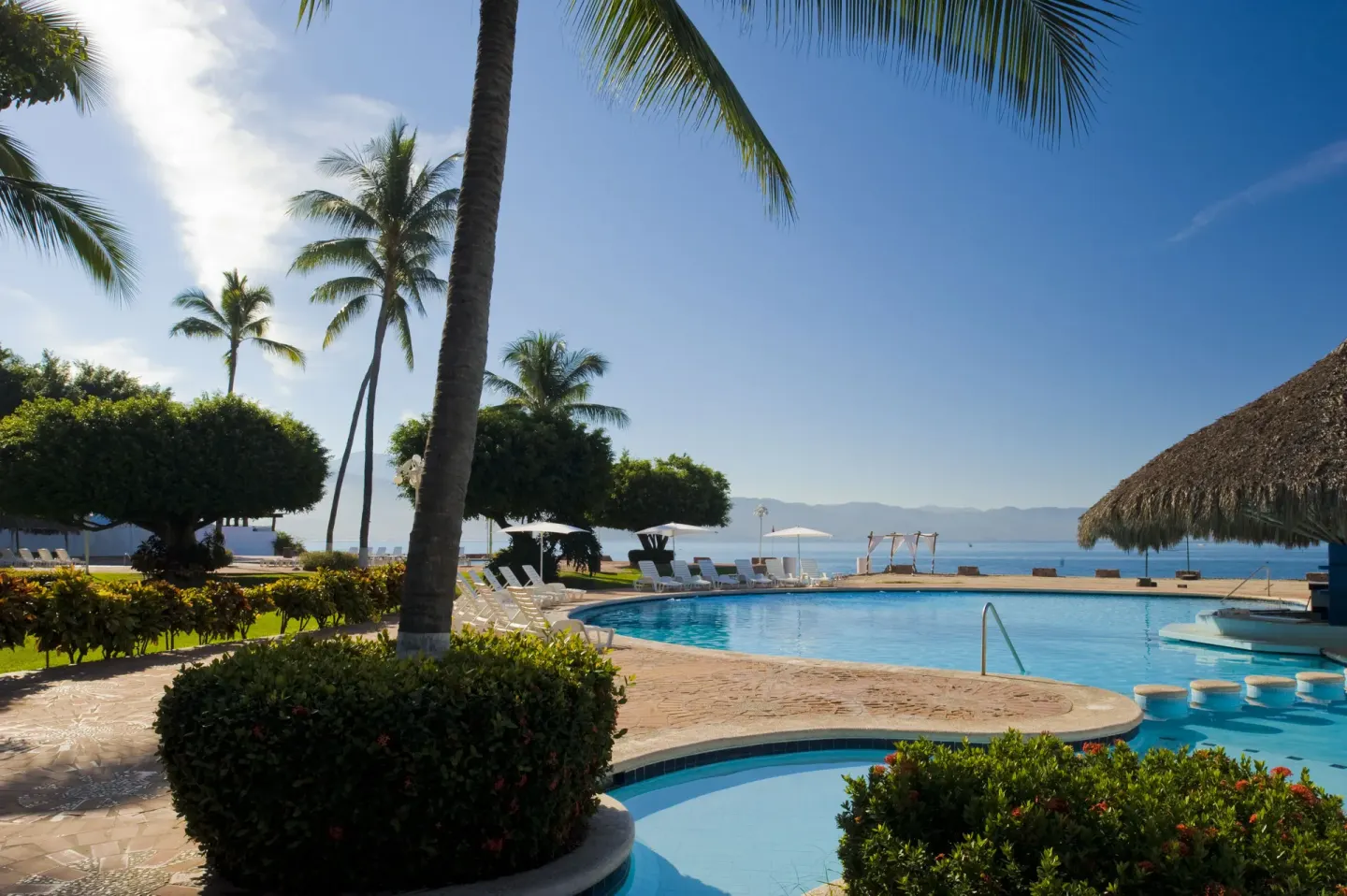 Oceanfront pool with palm trees and mountain views at Vamar Vallarta Marina and Beach Resort.