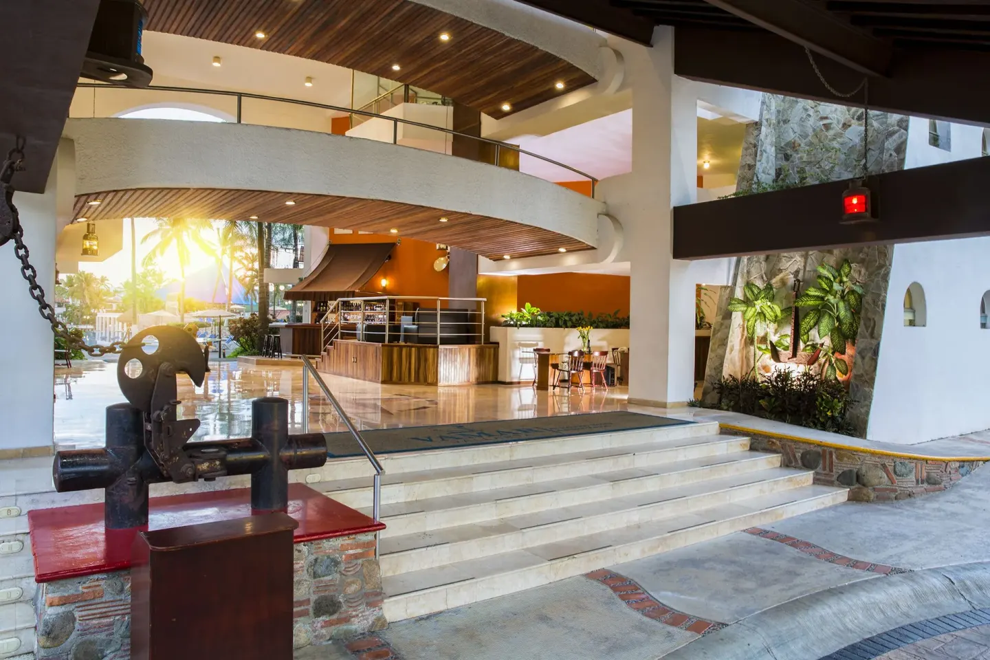 Open-air entrance and lobby steps at Vamar Vallarta Marina and Beach Resort.