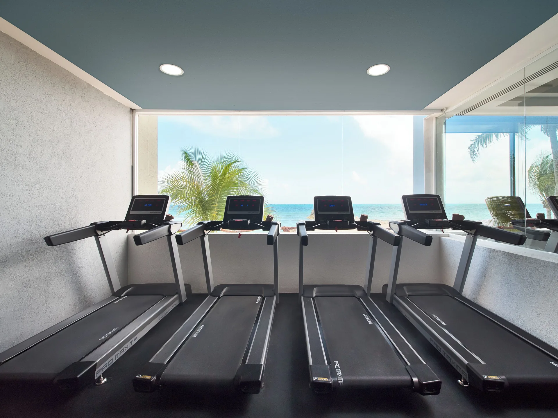 Treadmills face large windows with ocean views at Ventus at Marina El Cid Spa & Beach Resort.