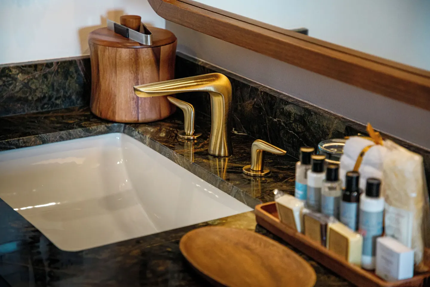 Junior Suite bathroom sink and bath amenities at Ventus at Marina El Cid Spa & Beach Resort.