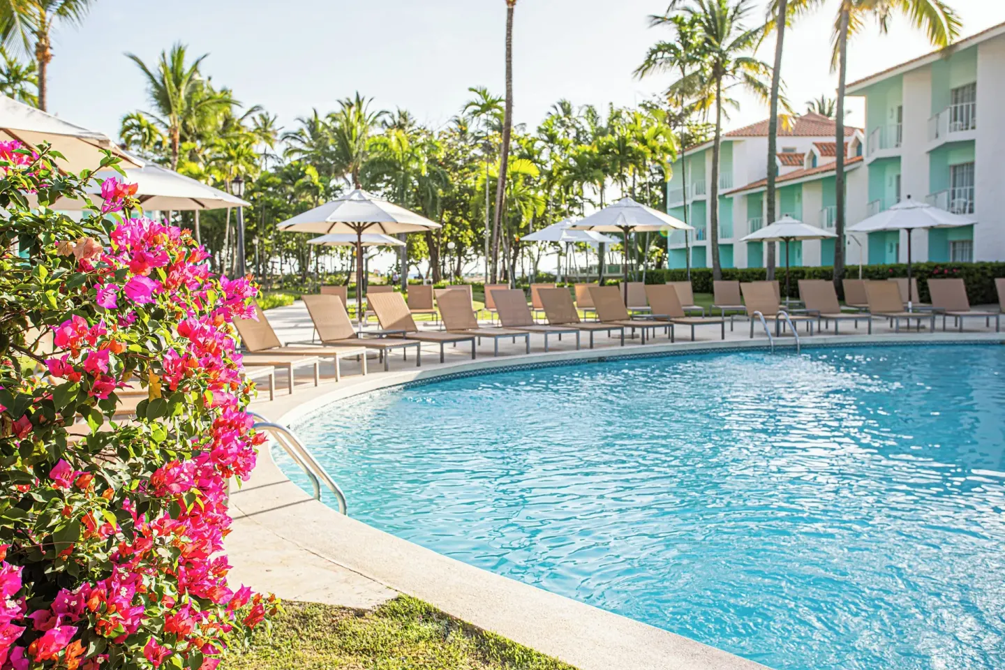 Curved pool edge with pink flowers and shaded loungers at VH Gran Ventana Beach Resort.